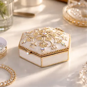 Bogato zdobione metalowe pudełeczko prezentowe z kryształkami B0035-08WH