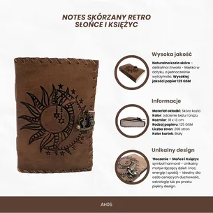 Notes skórzany retro 200 stron Słońce i Księżyc AH05