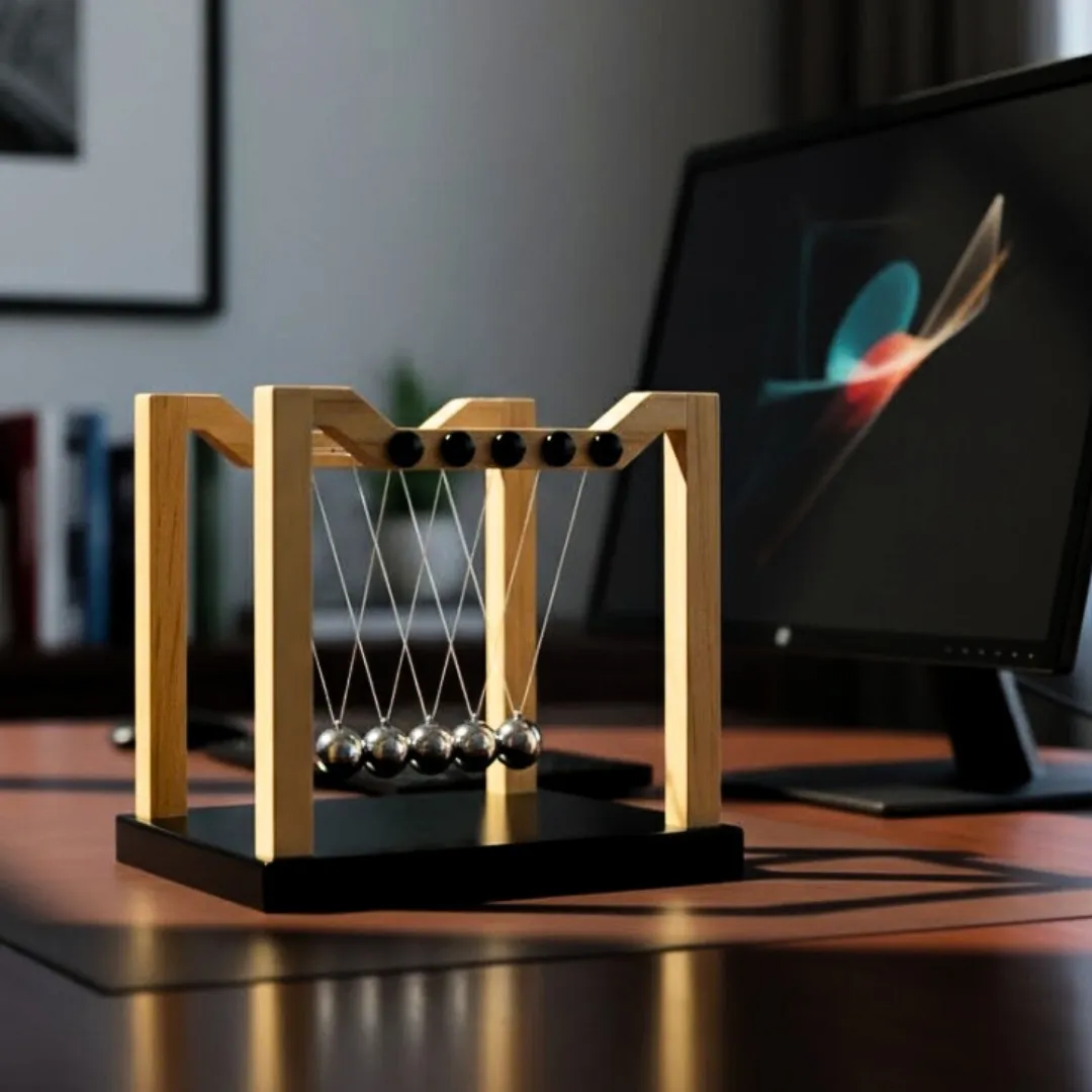 Duże kulki Newtona premium YG130 – drewniana podstawa, stalowe kulki