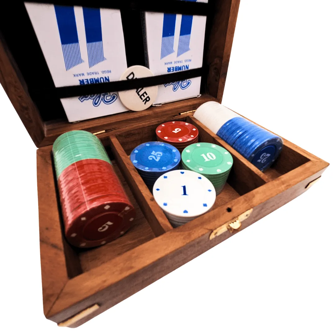 Elegancki zestaw do pokera w drewnianym pudełku 100 żetonów DNU-102