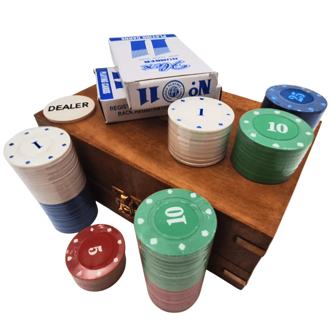 Elegancki zestaw do pokera w drewnianym pudełku 100 żetonów DNU-102