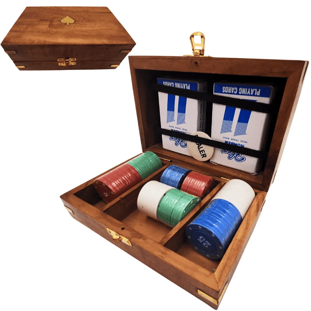 Elegancki zestaw do pokera w drewnianym pudełku 100 żetonów DNU-102
