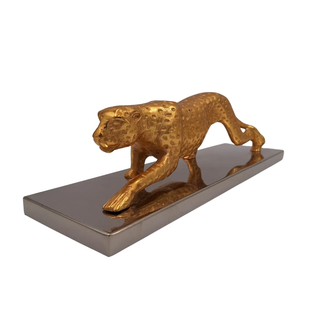 Figurka dekoracyjna lampart złoty 42 cm na srebrnej podstawie glamour loft