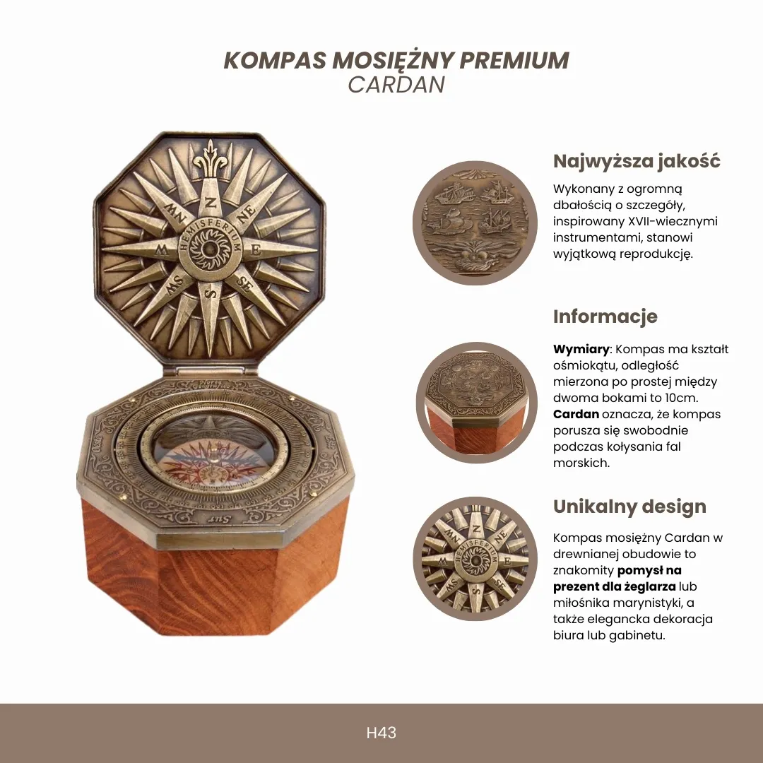 Kompas mosiężny Cardan H43 w drewnianej obudowie