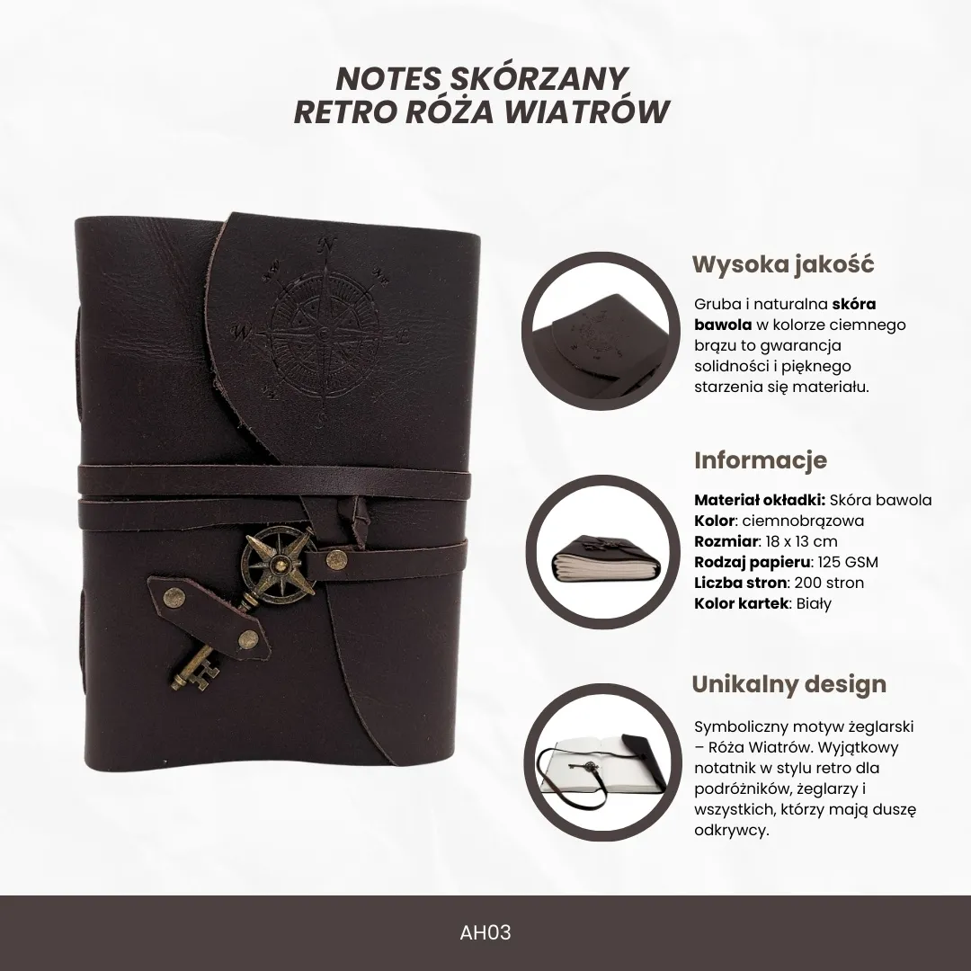 Notes skórzany retro Róża Wiatrów 200 stron – prezent dla żeglarza AH03