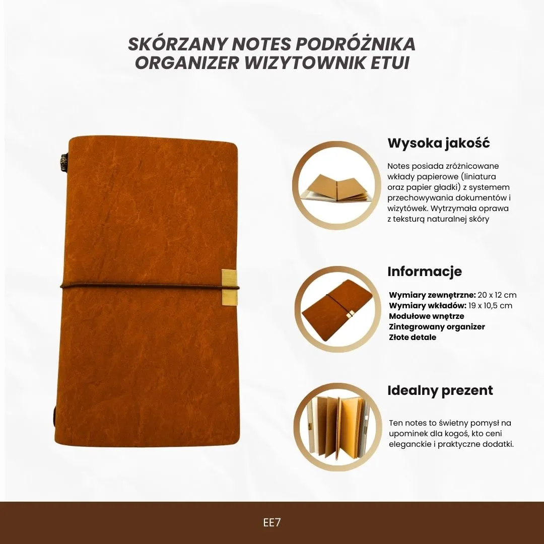 Skórzany notes podróżnika z organizerem i wizytownikiem EE7