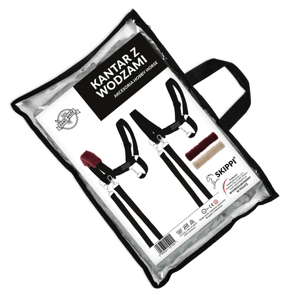 Skippi kantar dla Hobby Horse z wodzami i 2 wymiennymi futerkami, czarny