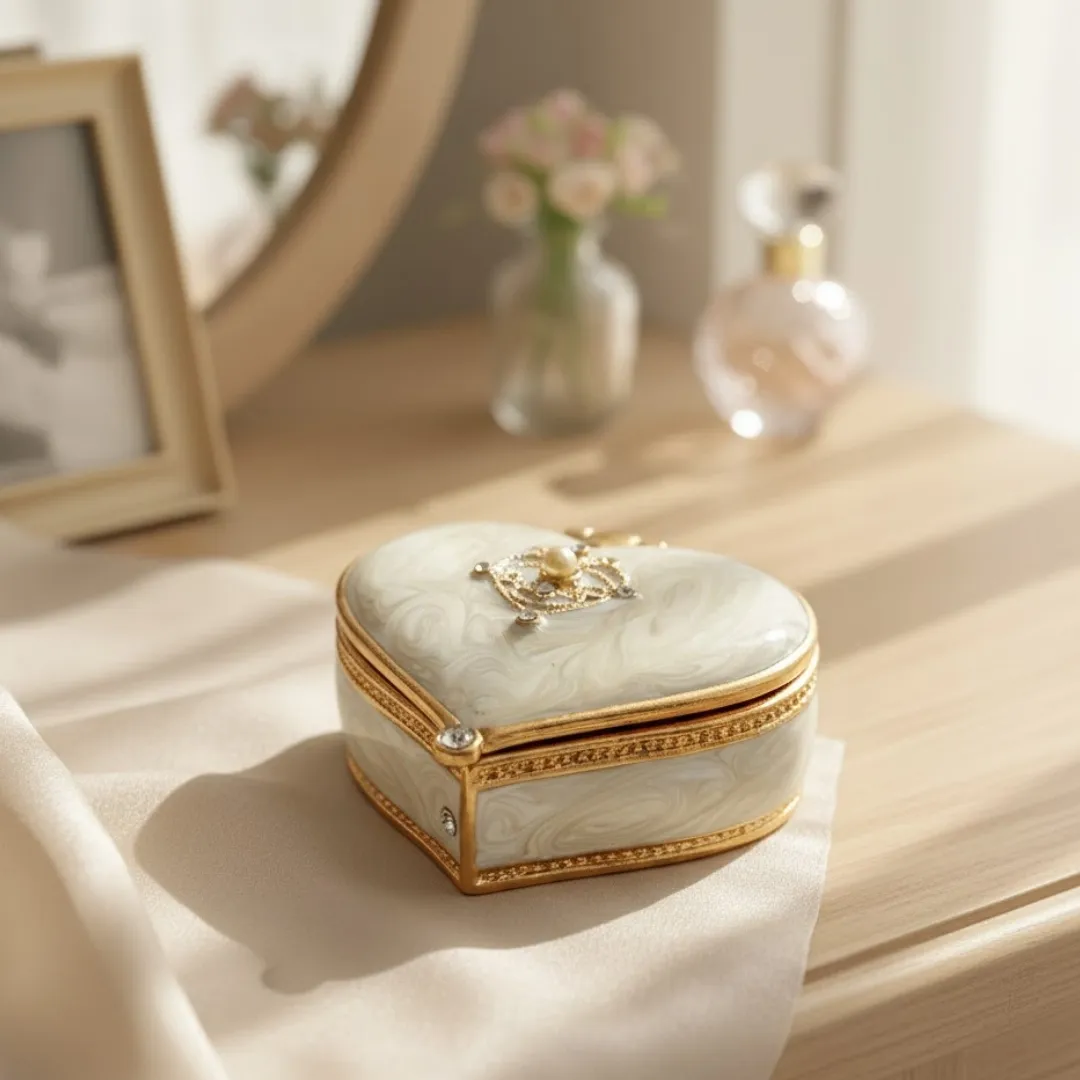 Szkatułka na biżuterię serce z kryształkami biało-złota B0767-06WH