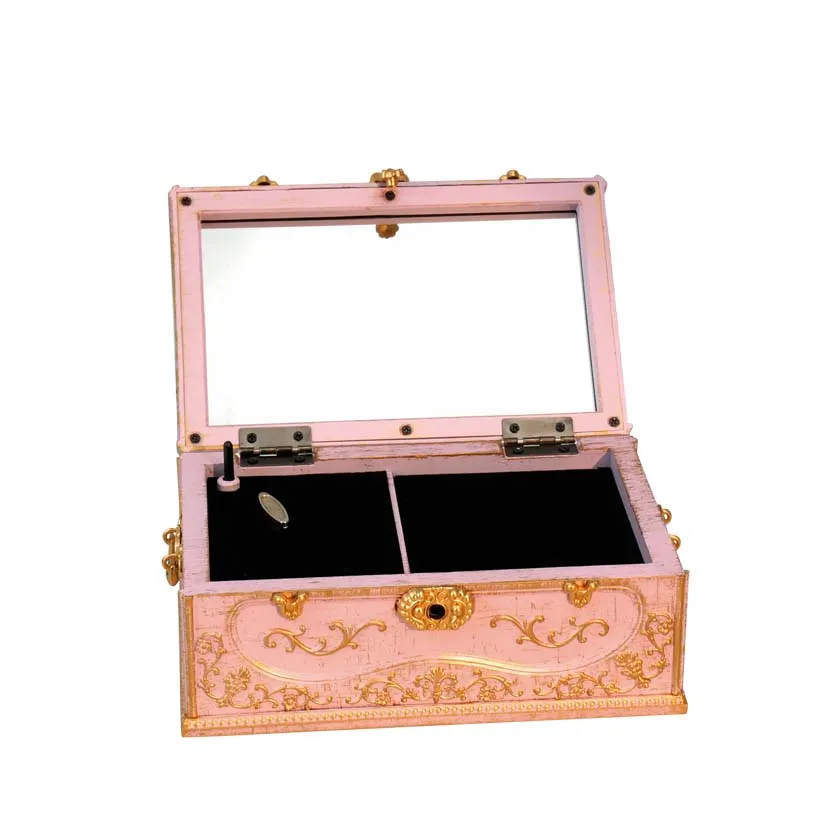 Szkatułka na biżuterię z pozytywką 24107 różowa ze złotymi zdobieniami