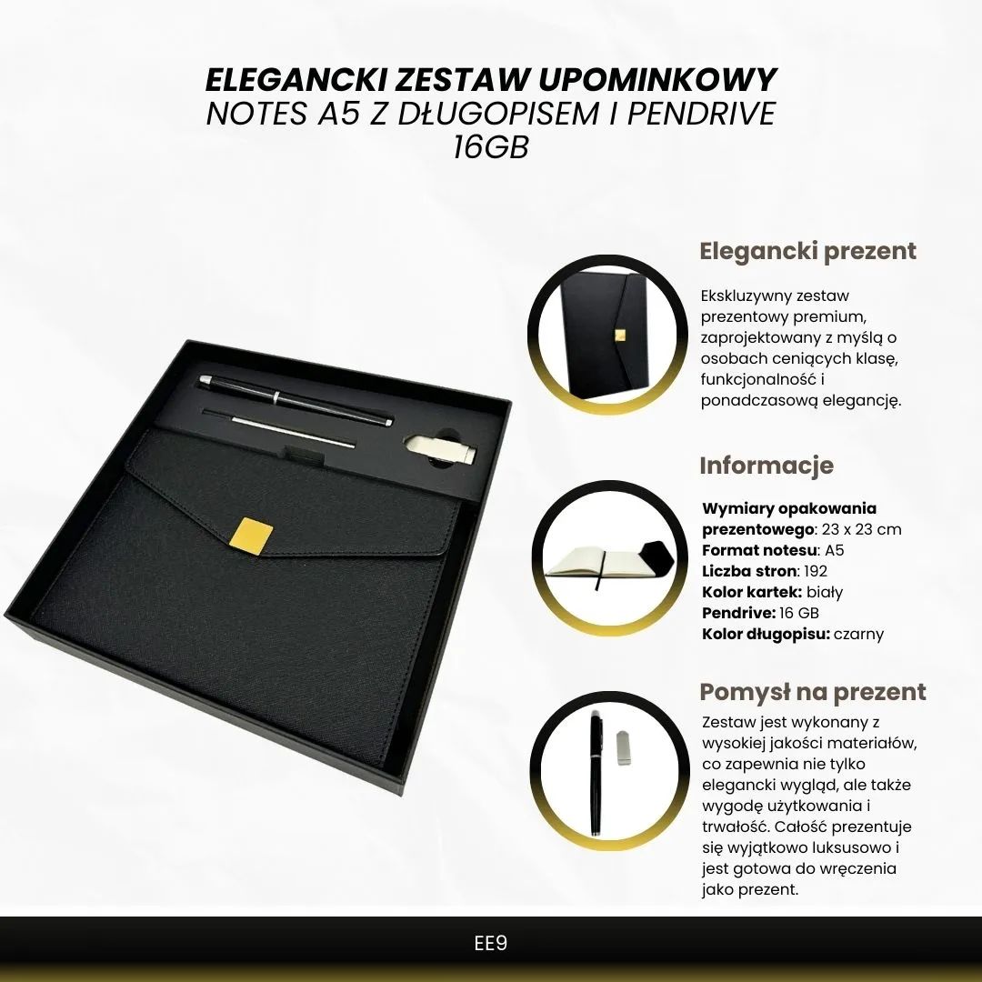 Zestaw prezentowy premium: notes A5, długopis i pendrive 16GB w pudełku czarno-złoty EE9
