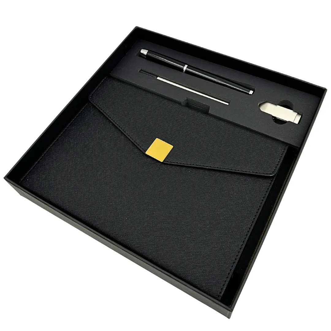 Zestaw prezentowy premium: notes A5, długopis i pendrive 16GB w pudełku czarno-złoty EE9