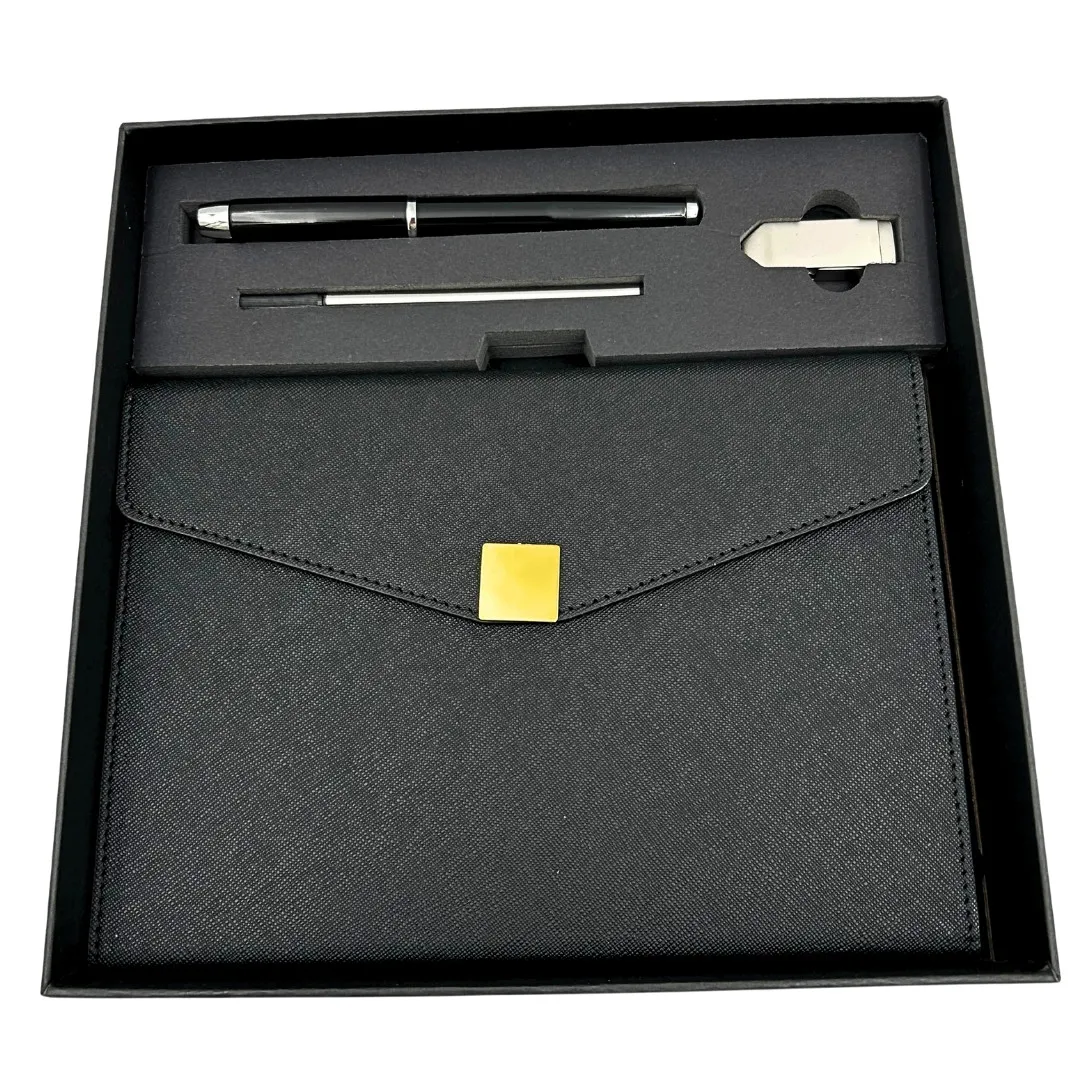 Zestaw prezentowy premium: notes A5, długopis i pendrive 16GB w pudełku czarno-złoty EE9
