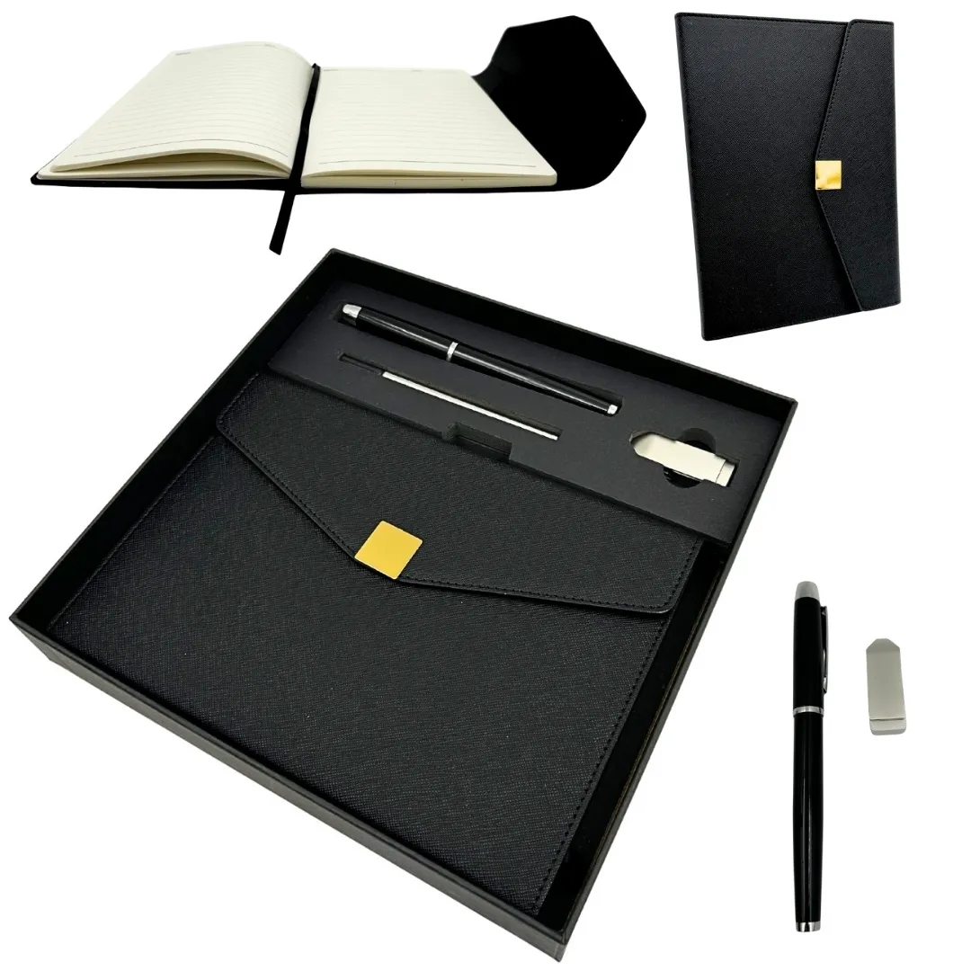 Zestaw prezentowy premium: notes A5, długopis i pendrive 16GB w pudełku czarno-złoty EE9