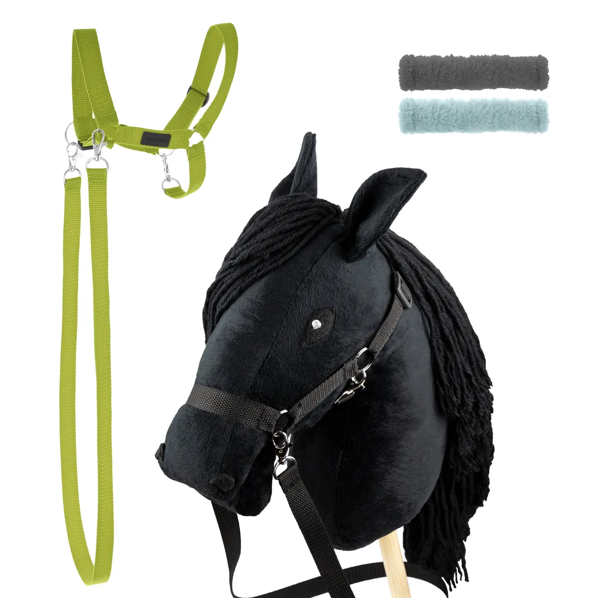 Zestaw Skippi Hobby Horse czarny z dodatkowymi kantarami, jasny zielony