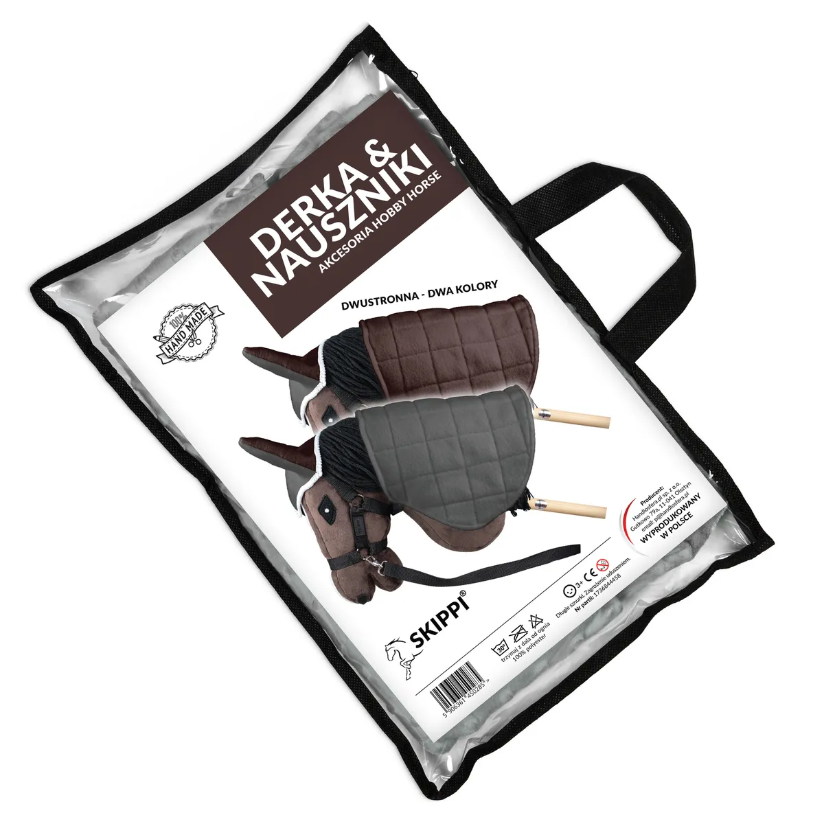 Zestaw Skippi Hobby Horse gniady z derką szaro-brązową i kantarem czarno-zielonym