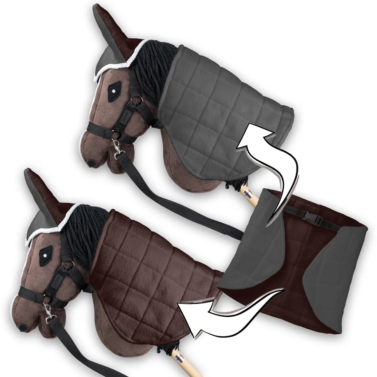 Zestaw Skippi Hobby Horse gniady z derką szaro-brązową i kantarem czarno-zielonym