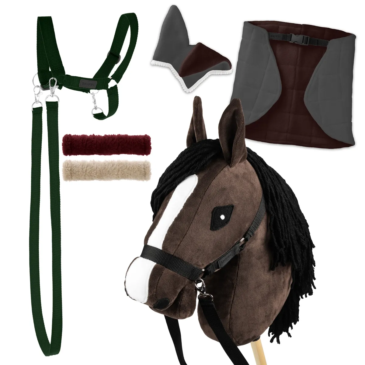 Zestaw Skippi Hobby Horse gniady z derką szaro-brązową i kantarem czarno-zielonym