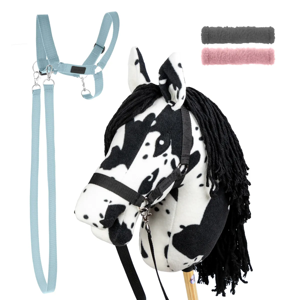 Zestaw Skippi Hobby Horse Karo srokaty + kantar błękitny